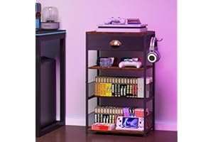 Hongtamoya 4-Tier AV Media Stand with Drawer, Video Game Console Shelf with 2 Hooks, Audio Rack Tower Perfect for/Xbox/ PS5/Switch/Game Consoles/DVD/Record Player/Projector/Sky Box/TV Accessories