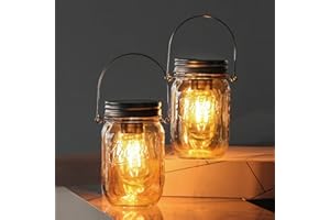 MJ PREMIER Mason Jar Lights Hanging,2-Pack Outdoor Garden Lanterns,Battery Operated Cordless Lamps,LED Bulb and Auto Timer,Patio,Indoor Lights for Camping Picnic Party Fireplace Hallway (Amber)