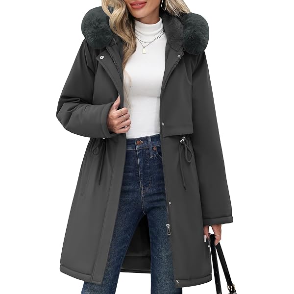 Blouson Femme Hiver Polaire Doublé - Veste à Capuche Mi-longue, Imperméable Et Coupe-vent - Parka épais Avec Poches - 4