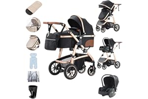 Zkiprm Passeggino 3 in 1 Città Passeggino Con Seggiolino Auto Portatile Compatto Passeggino Braccioli Regolabili Protezione Antiurto Telaio in Alluminio Nero