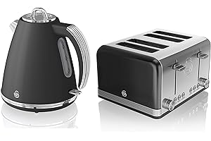 Swan, STP7041BN, Retro 1.5L Jug Kettle & 4 Slice Toaster, Stainless Steel, 360 Degree Base, Electronic Browning Control, Slide-Out Crumb Tray (Black)