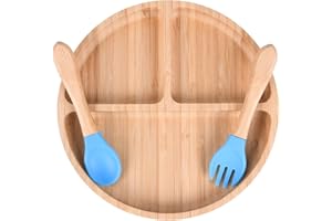 Vicloon Plato de Alimentación de Bambú con Tenedor y Cuchara para Bebés Juego de Cubiertos de Bambú con Ventosa para Bebés y Niños（Azul）