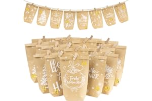 BOFUNX 24pcs Sacchetti Calendario dell'Avvento Sacchetti di Carta Natale Calendario dell'Avvento Fai da Te Sacchetti per Caramelle Natale con Adesivi Numeri per Biscotti Confetti Festa di Natale