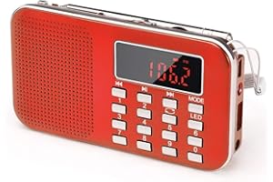 PRUNUS J-908 Radio Portatile Ricaricabile FM/AM(MW),Radiolina Portatili Digitale,Lettore Musicale MP3,Supporto USB/AUX/TF Card, Aggiunta Torcia di Emergenza (Rosso)