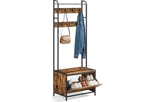 VASAGLE Coat Rack with Shoe Storage, Hall Tree with Bench, 7 Hooks and Top Shelf, for Hallway, Bedroom, Industrial Style, Rustic Brown and Classic Black HSR425B01