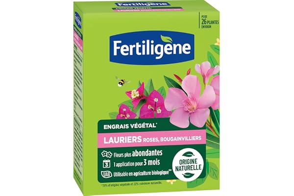 FERTILIGENE FEGLAU650 - Engrais Végétal Lauriers Roses, Bougainvilliers 650 g - Des fleurs plus abondantes - Seulement 1 application en 3 mois - Jusqu'à 26 plantes - Produit 100% naturel avec zéolite