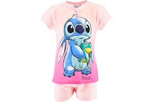 Disney Stitch T-Shirt et Short pour Fille, Pyjama en Coton Doux Ensemble D'été 2 Pièces per Filles Design Stitch et Grenouille, Tailles 6 à 12 Ans