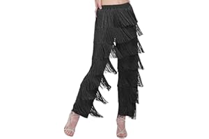 ZBH1985 Pantalones de baile latino para mujer, con borlas, para baile de salón, profesional, negro, con flecos, rumba, tango, salsa, pantalones de práctica