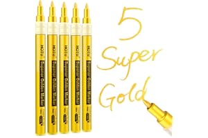HOTU 5 Stylos Peinture Acrylique Doré – Stylo Doré Feutre Pointe Extra Fine 0,7 mm – Pour Roche, Bois, Plastique, Tissu, Verre, Céramique– Idéal pour Projets Artistiques, Loisirs Créatifs