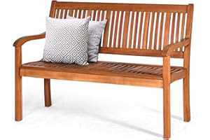 RELAX4LIFE Patio Garden Bench, Eucalyptus Wood Park Chair Seat with Curved Armrests & Backrest, 2-Person Loveseat Leisure Bench for Yard, Garden, Porch