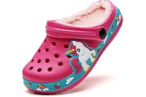 SECHRITE Toddler Kids Lined Clogs Garden Shoes with Fuzzy Fur Cartoon Slip On Mules Boys Girls Winter Warm Home Slippers Indoor Outdoor