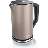 Bollitore elettrico Arendo in acciaio inox CORE, 1,5L, 2000W, doppia parete, senza BPA, Cool-Touch, base 360°, LED, protezione da surriscaldamento, grigio opaco