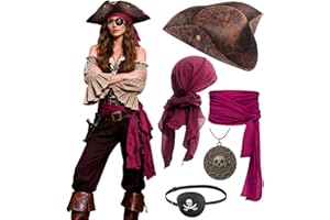 kasahara Piraten Hut Piratenkostüm Zubehör Set Piraten Kopftuch Taillengürtel Augenklappe Halskette Mittelalter Pirate Outfit Accessoires für Halloween Fasching Festival Mottoparty