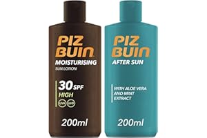 DELUXIO GIFTS Sun Protection Bundle Includes Piz Buin Sun Lotion SPF30 200ml bundled with Piz Buin After Sun Soothing and Cooling Moisturising Lotion 200ml with Aloe Vera and Mint Extract