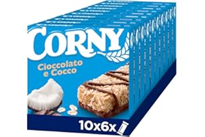 CORNY Original | 60 Barrette ai Cereali con Cioccolato e Cocco, Senza Olio di Palma, Zero Conservanti, Cacao Certificato Rainforest Alliance, 10 Confezioni da 6 barrette x 25 Grammi