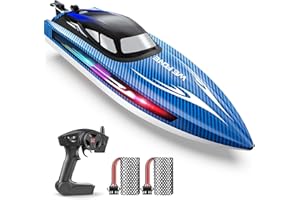 WeFone Bateau RC pour Enfants 8-12 Ans et Adultes, 24+ km/h, lumières LED, 2 Batteries 30-40 Min, Jouet d’été pour Piscine/lac, Cadeau garçon/Fille, Bateau télécommandé Rapide WF17 Bleu