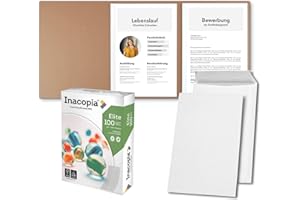 STRATAG Bewerbungsset // 10 Stück 3-teilige Bewerbungsmappen Cognac + 250 Blatt 100 g/m² Premium Bewerbungspapier + 10 Stück B4 Versandtaschen in Weiß - Das ultimative Bewerbungsmappen-Bundle - All inkl.