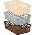 RATAN PLASTICWARE Diana Tray Rectangular-Medium (Pack of 3) Plastic Storage for Desk Basket/Organizers for Stationery, Jewellery, Tools,Kitchen, Office-Lt Brown, Daiso Grey, Twist Beige
