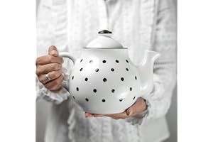 City to Cottage | Théière | blanche à pois noirs en céramique avec couvercle et anse faite et peinte à la main | Grande 1,7L 4-6 tasses