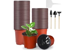 Seasboes 50Piezas Macetas para Plantas de Interior (15CM), Plástico Planta Macetas, Plantas de Guardería Macetas para Interior y Exterior con 10 Etiquetas Plantas 3 Aparatos de jardinería