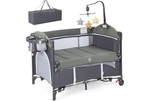 RELAX4LIFE 5 en 1 Cuna Bebé con 5 Alturas Ajustables, Cambiador, Colchón, Caja Música, Juguetes Colgantes y Bolsa de Transporte, Cuna de Viaje con 2 Ruedas Bloqueables para Bebés 0-3 Años (Azul)