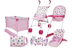 509 Crew 21 Piece Doll Stroll n Play & Care Combo Set, Stroller, Playard, High Chair Set, Carry Cot, Diaper Bag, Feeding and Grooming Accessories, Ages 3+