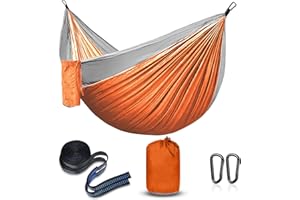 LINENO Hamac d'extérieur de Camping- Ultra-léger, léger Portable Nylon Respirant Durable Hamac avec Sangles d'arbre pour intérieur Balcon, Extérieur Camping, Randonnée Sac à Dos Hamacs (Orange/Gris)