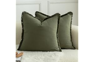 Mandioo Set of 2 Neutral Cotton Fringe Cushion Covers 45x45 cm 18x18 inch Decorative Boho Farmhouse Throw Pillowcase Cozy Tassels for Couch Sofa Bedroom Living Room Home Decor Olive Green
