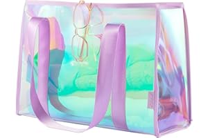 KUAK Large Beach Tote Bags for Women Gorgeous Iridescent Clear Tote Bag Waterproof Sandproof Beach Bag with Inner Waterproof Zipper Pocket, Tip-Proof for Swim, Pool, Travel, Cruise, Boat-Purple Strap