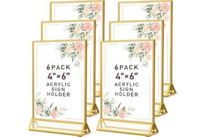 SAREAL 6er-Pack Gold-Bilderrahmen Doppelseitig, 10X15 cm klar Staffelei Tabelle steht für Zeichen, Acryl Gold Tischnummer Halter, Goldrahmen für Hochzeit Tischnummern, Menü-Halter, Gold Fotorahmen