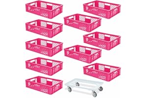 ‎BRB BRB 10 Eurobehälter, LxBxH 600x400x150 mm, Industriequalität, lebensmittelecht + 1 Transportroller mit Deck aus bruchsicherem ABS-Kunststoff (pink/weiß)