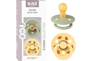 BIBS Colour Studio Paquete de 2 chupetes. Libre de BPA, Tetina redonda. Látex natural, Hecho en Dinamarca, 0-6 meses (Paquete de 2), Sage/Pale Butter