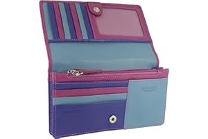 HIDE AND SLEEK Womens Leather Flapover Matinee Organiser Purse RFID Protection 10 Cards, Notes and Coins (Pink Purple Multi)
