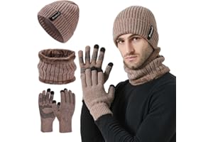FUBABCO Set Invernale: Cappello, Sciarpa ad Anello e Guanti Touchscreen - Fodera in Pile, Beanie in Maglia, Guanti Termici - 3 Pezzi per Uomo