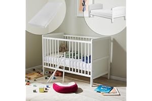 KIDS COLLECTIVE Lit bébé évolutif avec matelas, lit d'appoint, 60 x 120 cm, protection anti-chute, lit complet, réglable en hauteur et barreaux amovibles, en bois, blanc