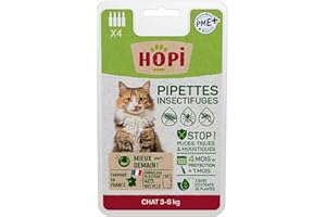 HOPI Pipette Anti Puces Chat de 3 à 6 kg - 4 Mois de Protection Contre Les Puces, Les Tiques et Les Moustiques - Extraits de Plantes - Pratique et Facile - Fabriqué en France