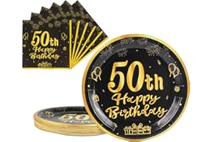 AHPYEUHK 50 Anni Compleanno Piatti Carta 25 PCS & Tovaglioli 25 PCS Oro Nero 9 Pollice Stoviglie Festa Piatti di Carta Compleanno Decorazione Regalo di Festa per Uomo Donna