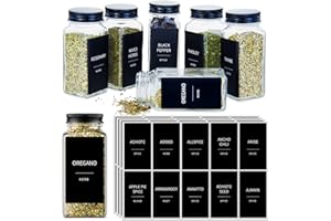 Prefdo Lot de 140 étiquette d'épice, autocollants minimalistes pré-imprimés noirs avec texte blanc, étiquettes d'assaisonnement imperméables pour garde-manger et organisation des épices (noir)
