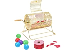 VEVOR Tambour de Tombola Loterie Loto, Capacité 2500 Billets ou 100 Balles de Ping-pong, Cage Jeu de Bingo en Métal, Plaquée en Laiton, Poignée Tournante en Bois, 295 x Ø 190 mm, pour Vote Événement
