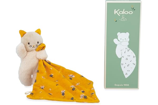 KALOO - Carré Douceur - Doudou Chat Jaune - Peluche Bébé - Carré 18 x 18 cm Jaune - Matières Ecoresponsables - Boîte Cadeau FSC - Dès la Naissance,K226003
