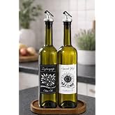 Zeytinyağı ve Ay&ccedil;i&ccedil;ek Yağı Şişesi Seti, Beyaz Etiket ve Yağdanlık Aparatlı, Ahşap Standlı 750 ml, 2 Adet, Yeşil Cam Şişe (Sta