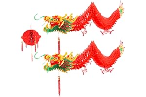 PEUTIER 2pcs Chinese New Year Dragon, Chinese Dragon Garland Hanging Decoration with 1 Lantern for Spring Festival Lunar New Year Party Home, Shops, Restaurant, Chinatown Ornaments (4.92ft)