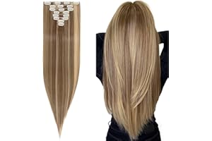 SILK-CO 26inches Clip in Hair Extensions #Ash&Dark Blond 100% Synthetic Hairpiece Extension 8pcs Long Straight Hair Pieces For Full Head