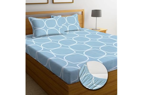NEW LEAF Premium Cotton Elastic Fitted Bedsheets with 2 King Size Pillow Covers Double Bed with All Around Elastic Supersoft Size - 72 King Sizex78+10 inches Grey White Oval Pattren 200 tc - 220 tc
