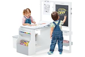 GYMAX Kids Art Table and Bench Set, 3 in 1 Children Activity With Height Adjustable Double Sided Easel, Bookshelf & Accessories, Wooden Drawing Set for Toddlers (Grey+White)