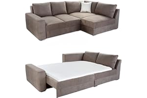 ‎LUMA-HOME SCHÖNES FÜR DEIN ZUHAUSE Federkern Ecksofa mit Schlaffunktion 268x180 cm Boxspring-System, Bettkasten, inkl. Kaltschaum-Topper, Ottomane links oder rechts, mit Bezug Microfaser in Hell-Braun / 15108