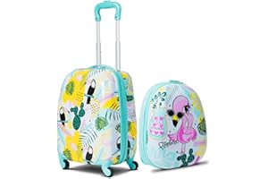 GOPLUS Valise Enfant Fille Garçon à roulettes, Valise Enfant 16” ＆Sac à Dos 12”, Hauteur de Poignée Réglable, Motifs Mignons et Divers, Espace Suffisant, Surface Etanche (Flamant)