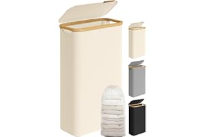 SONGMICS Cesto Portabiancheria con Coperchio, Cesta per Bucato, 65L, Salvaspazio, Sacco Rimovibile, Tessuto Oxford, Manici di Bambù, Pieghevole, 42 x 22,5 x 70,5 cm, Bianco Crema LCB506W01