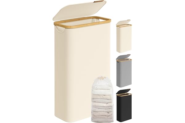 SONGMICS Panier à Linge Mince avec Couvercle, 65L, Gain de Place, Doublure en Maille Amovible, Tissu Oxford, Poignées en Bambou, Pliable, 42 x 22,5 x 70,5 cm, Blanc Crème LCB506W01