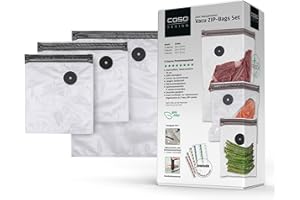 ‎CASO CASO Vacu ZIP-Bags Set - 20 Folienbeutel in 3 verschiedenen Größen, besonders stark und reißfest (150 μm), wiederverwendbar, SousVide, inkl. 2 Vacu ZIP-Locker und 4 Bögen Food Manager Sticker